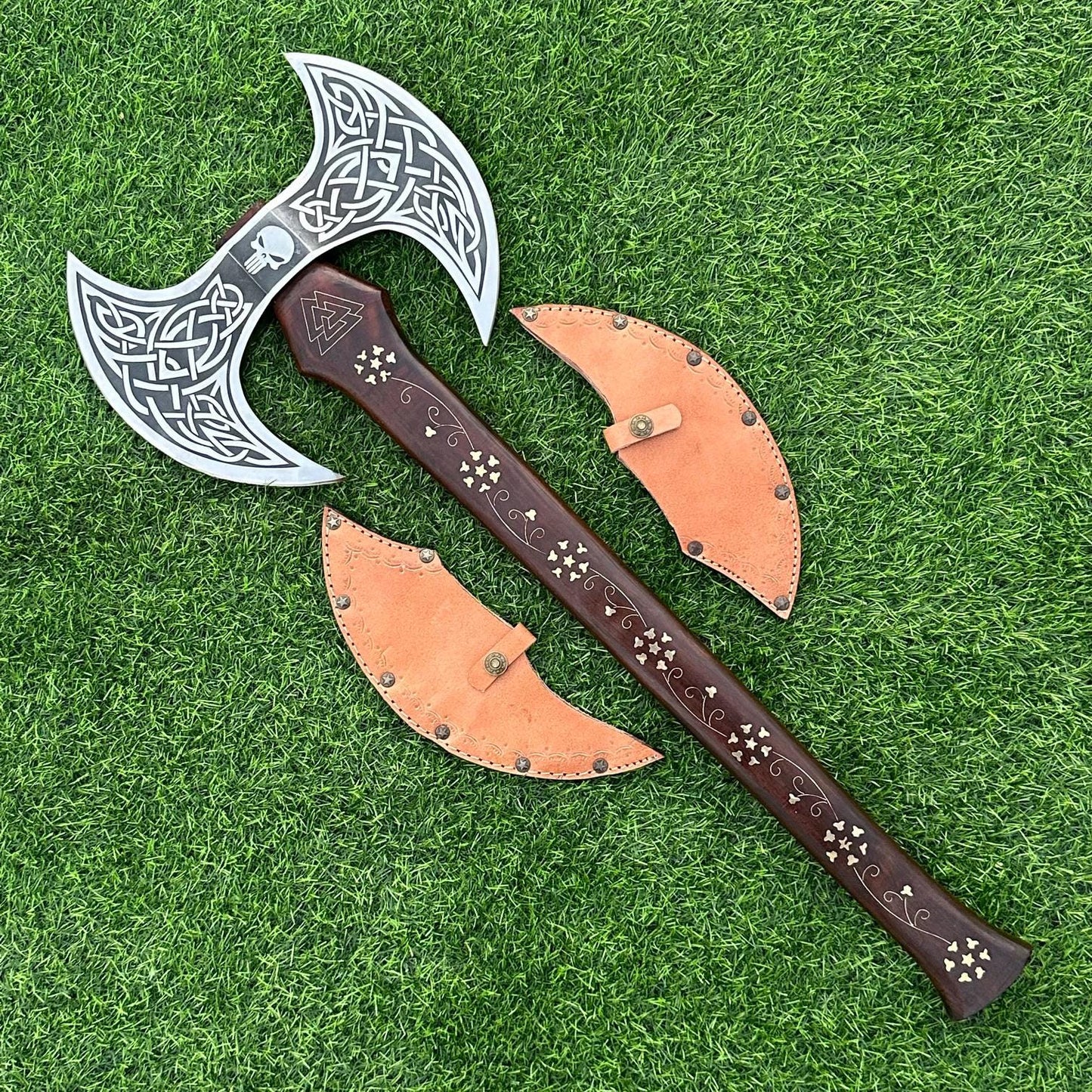 Hand Forged Double Headed Bearded Axe, Viking throwing axe Engraved Double-Headed Viking Axe, Gift for husband, anniversary gift for him