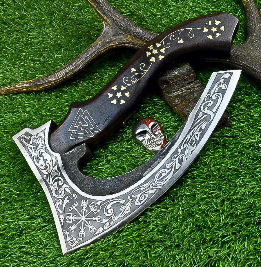 Pizza Cutter Axe Unique Viking Style Rose Wood Handle for Camping or Kitchen. Pizza Chef Gift Gift for Him, Gift for Her, Anniversary Gift