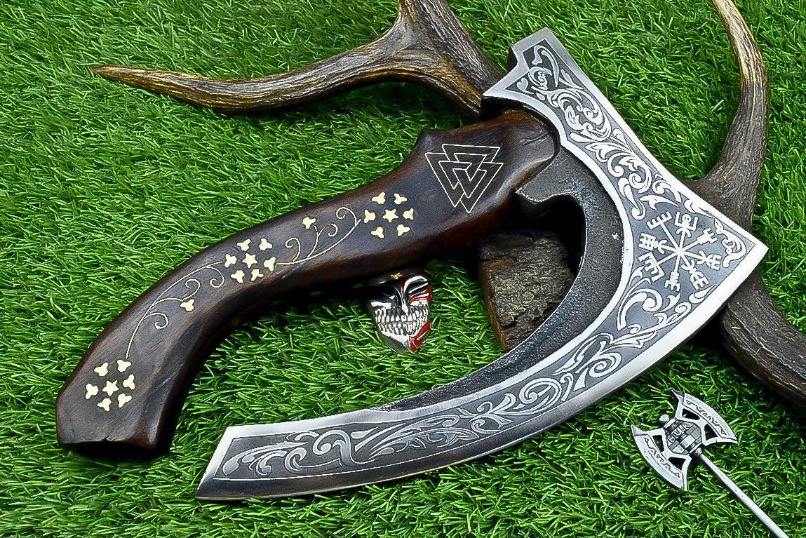 Pizza Cutter Axe Unique Viking Style Rose Wood Handle for Camping or Kitchen. Pizza Chef Gift Gift for Him, Gift for Her, Anniversary Gift
