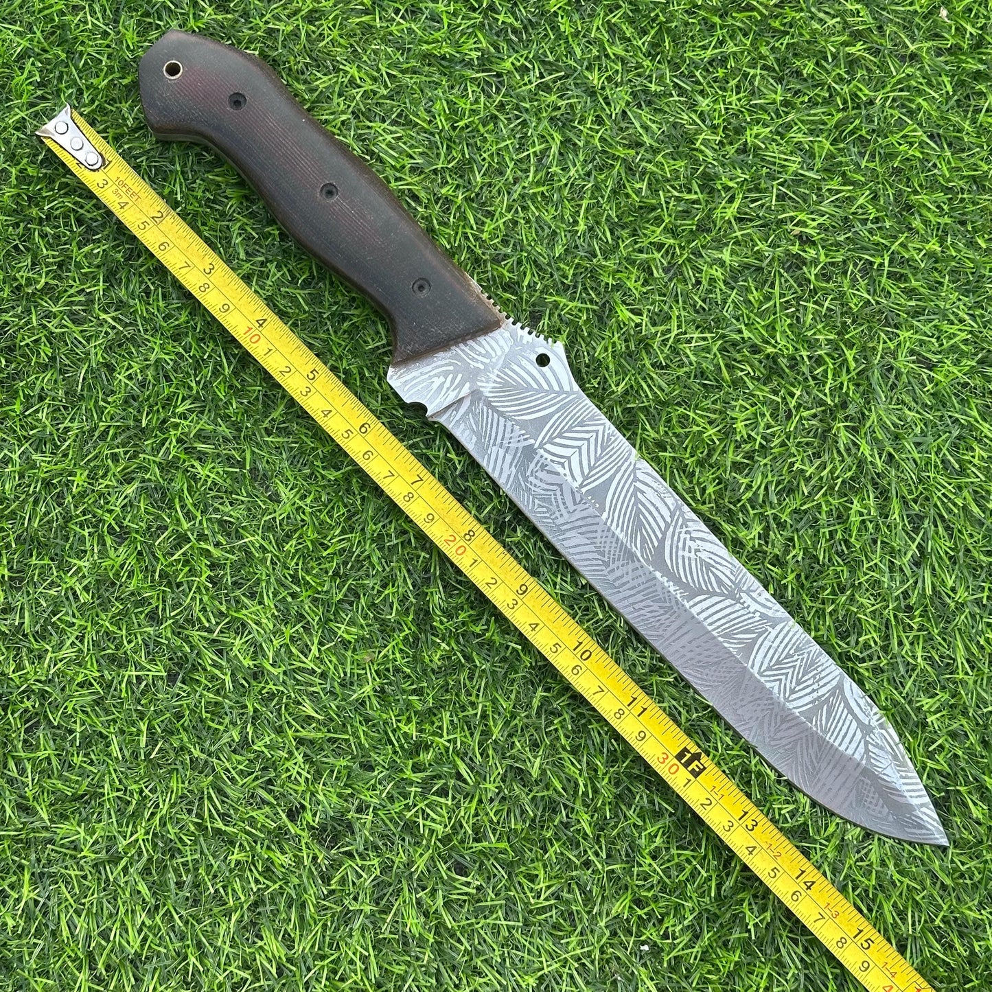 Handmade Full Tang Knife – 15" J2 Steel Etched Blade, Micarta Handle, Leather Sheath – Gift for Him, Gift for Husband, Collectible Knife,