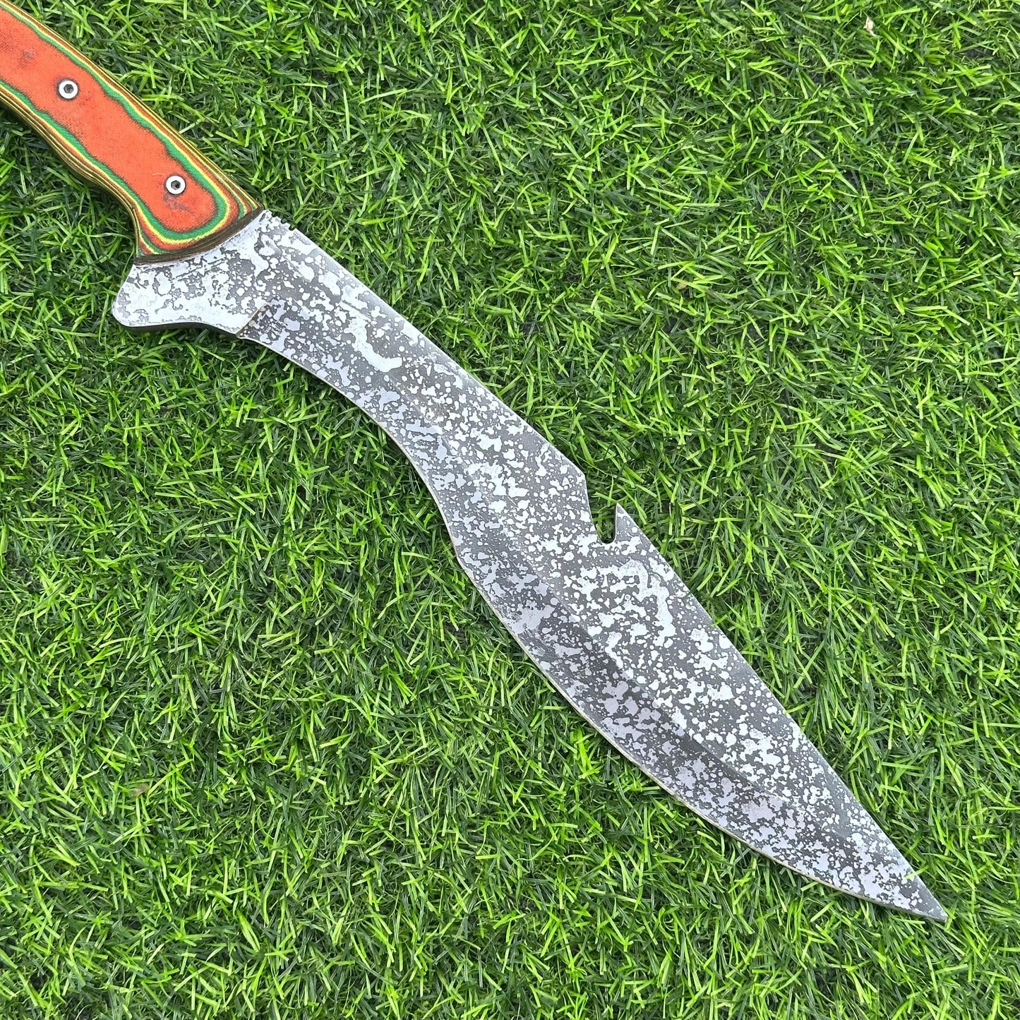 Handmade Etched J2 Steel Knife – Micarta Handle, 16" Overall Length, Includes Leather Sheath – Hunting, Camping, Collectible Gift for Him