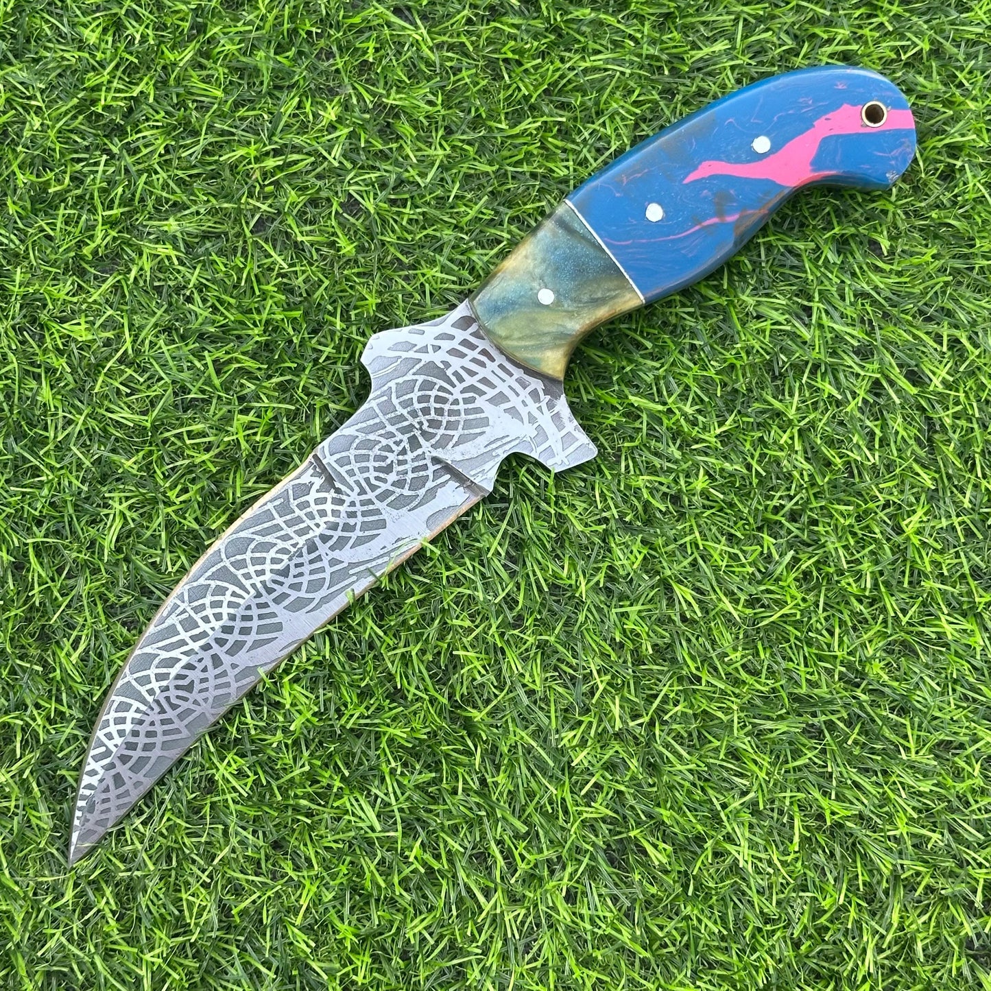 Hunting Knife Handmade J2 Steel Etched Blade 11" Overall with Resin Handle & Leather Sheath for Camping Outdoor Collectors