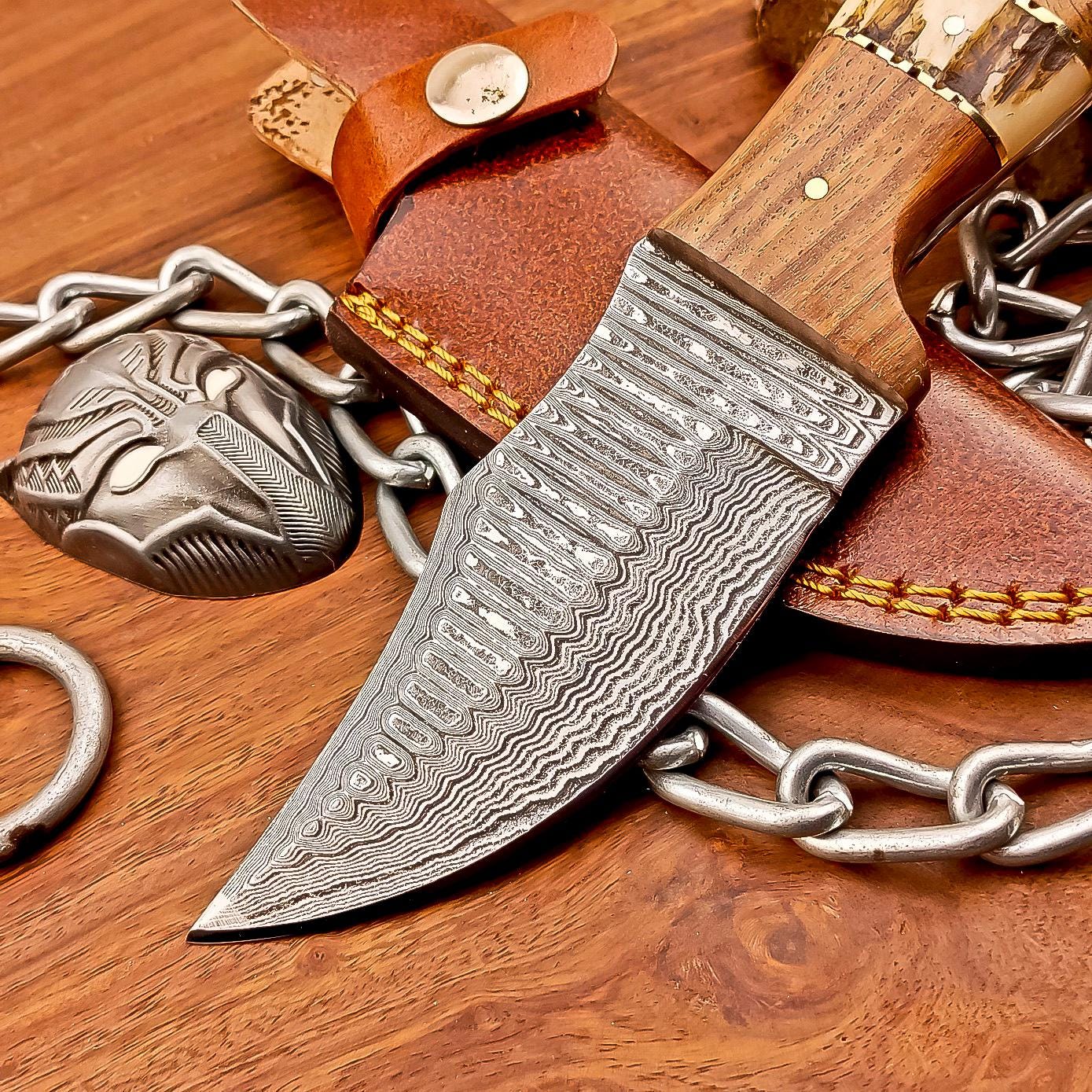 Handmade Damascus Steel Blade Hunting Knife - 8.5" Overall, Custom Skinning Knife, Leather Sheath Included
