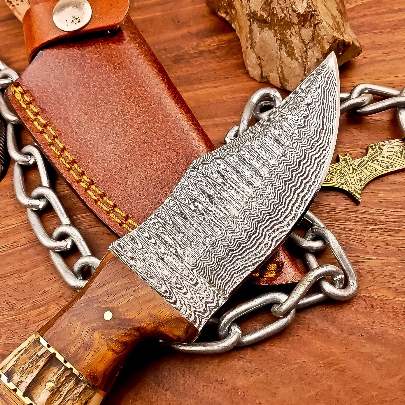Handmade Damascus Steel Blade Hunting Knife - 8.5" Overall, Custom Skinning Knife, Leather Sheath Included