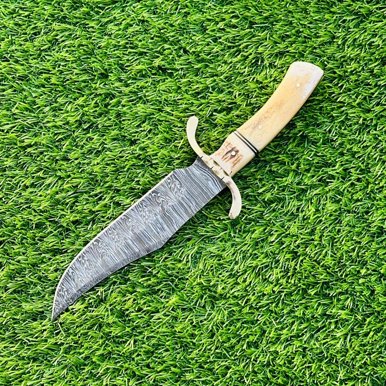 Damascus Bowie Knife 12" Handcrafted Stag Horn Handle Steel Guard – Hunting, Camping & Collector’s Blade