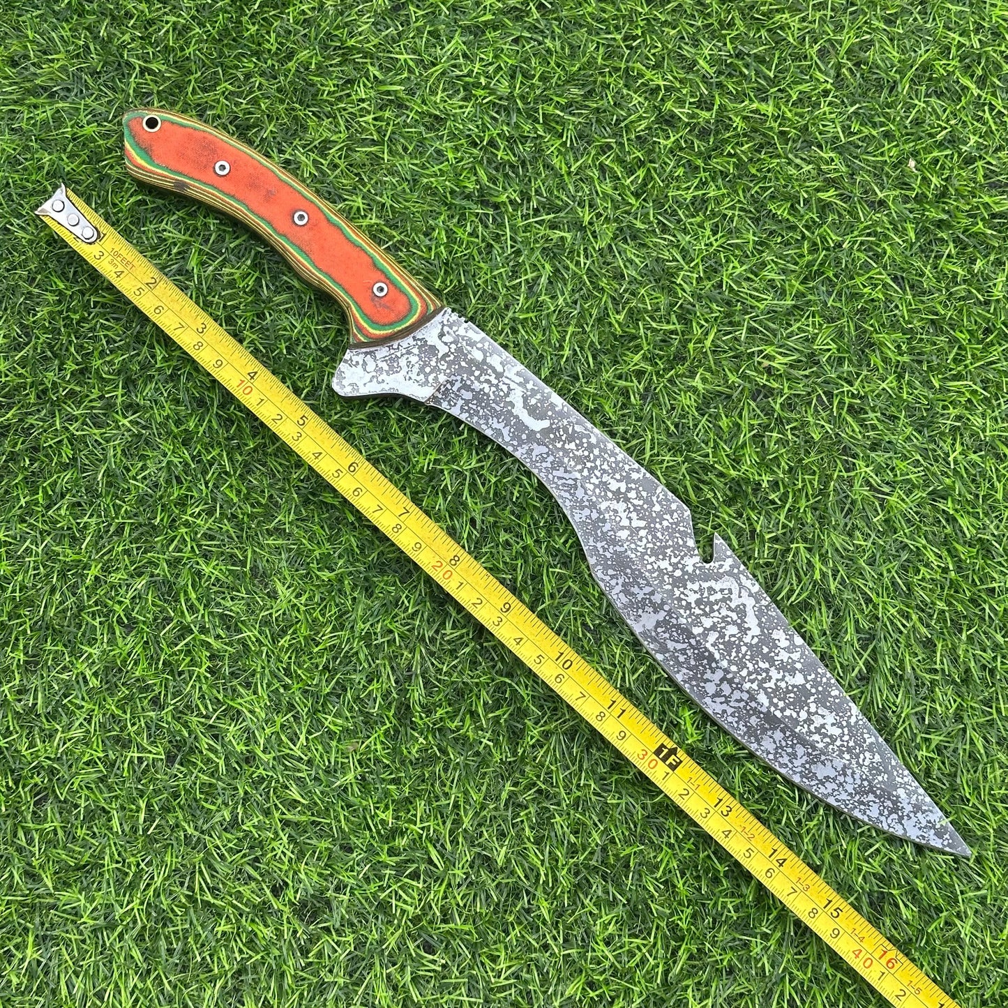 Handmade Etched J2 Steel Knife – Micarta Handle, 16" Overall Length, Includes Leather Sheath – Hunting, Camping, Collectible Gift for Him
