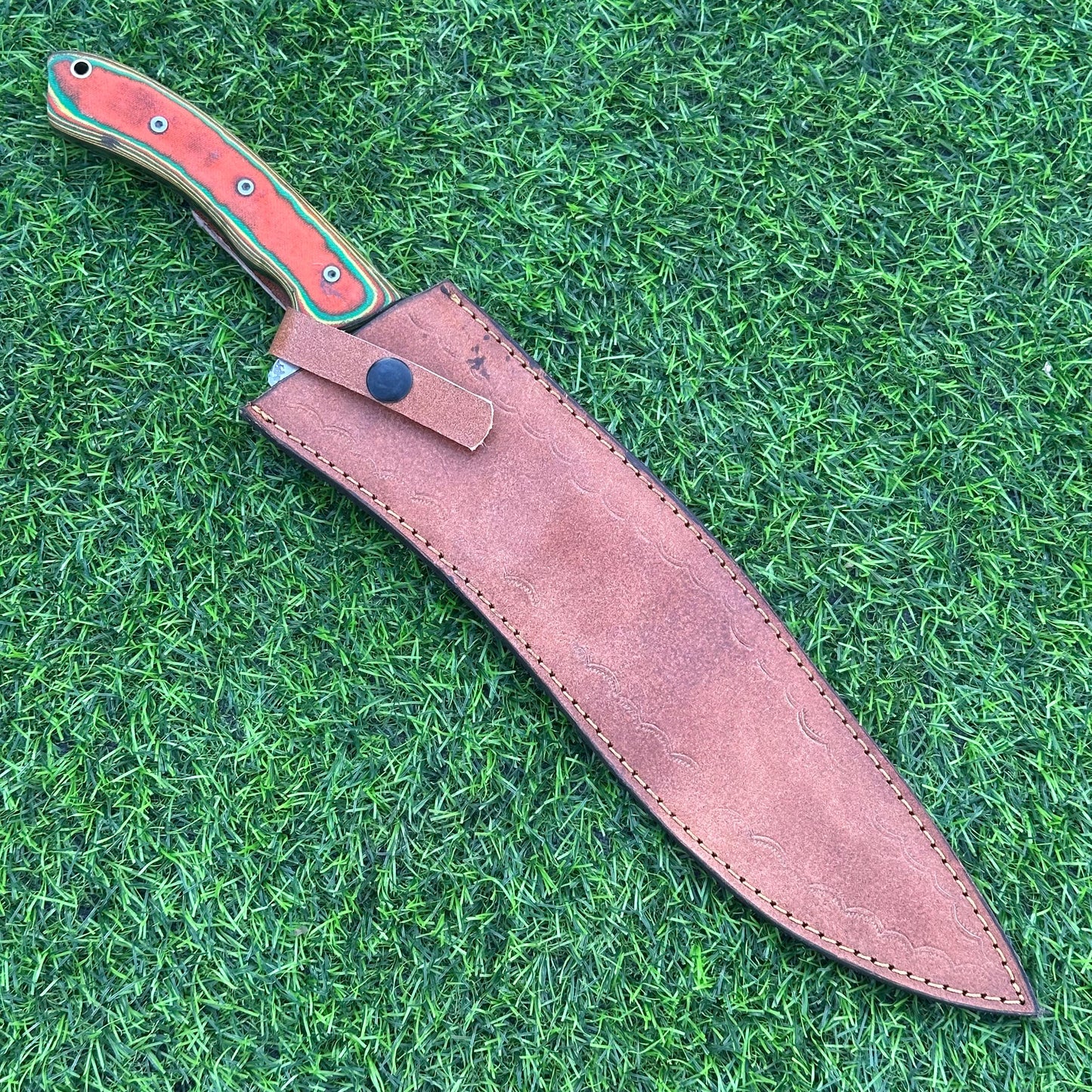 Handmade Etched J2 Steel Knife – Micarta Handle, 16" Overall Length, Includes Leather Sheath – Hunting, Camping, Collectible Gift for Him