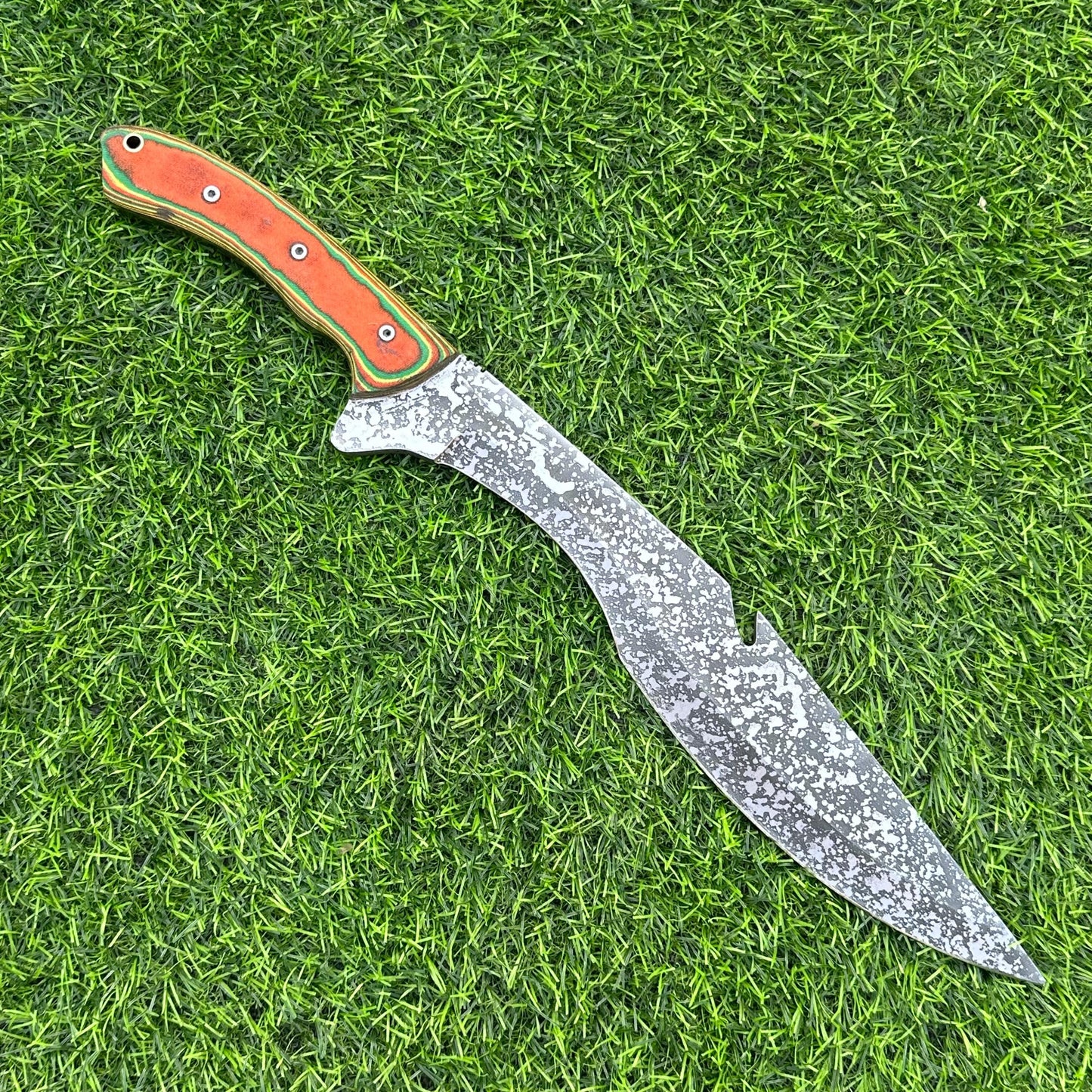 Handmade Etched J2 Steel Knife – Micarta Handle, 16" Overall Length, Includes Leather Sheath – Hunting, Camping, Collectible Gift for Him