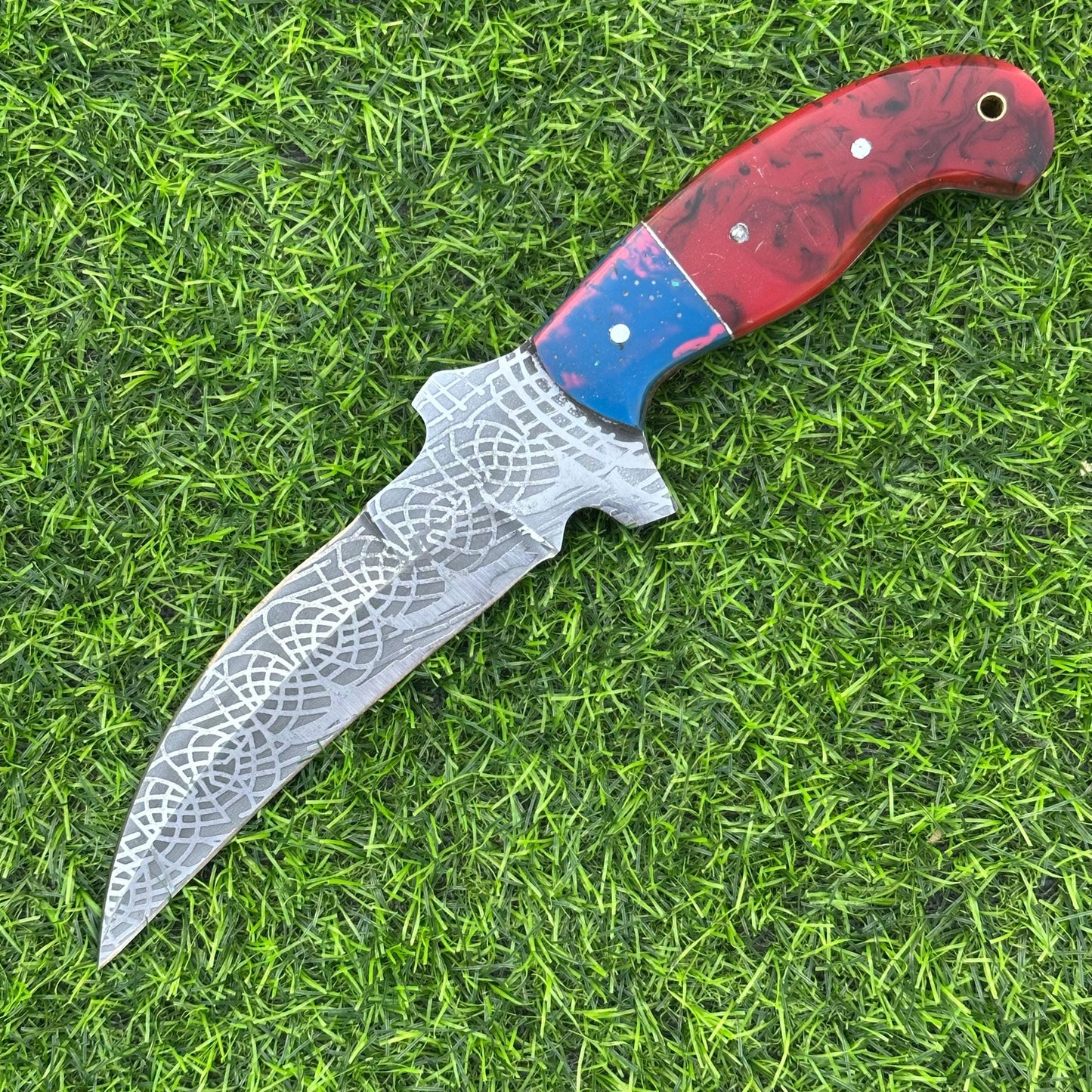 Handmade J2 Steel Etched Blade Hunting Knife – 11" Overall, Resin Handle, Leather Sheath, Perfect for Hunting, Camping, Outdoor & Collectors