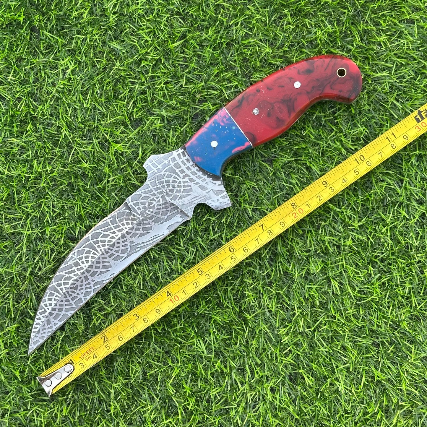 Handmade J2 Steel Etched Blade Hunting Knife – 11" Overall, Resin Handle, Leather Sheath, Perfect for Hunting, Camping, Outdoor & Collectors