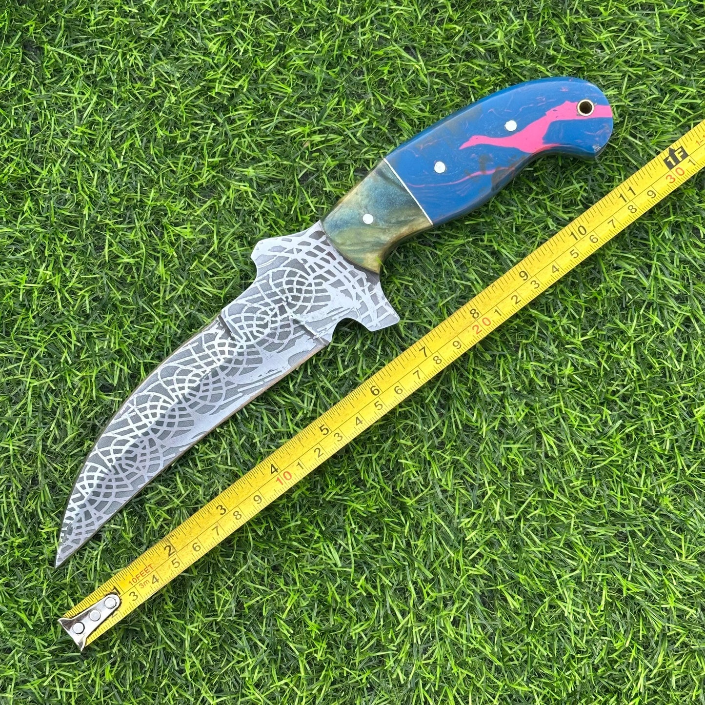 Hunting Knife Handmade J2 Steel Etched Blade 11" Overall with Resin Handle & Leather Sheath for Camping Outdoor Collectors