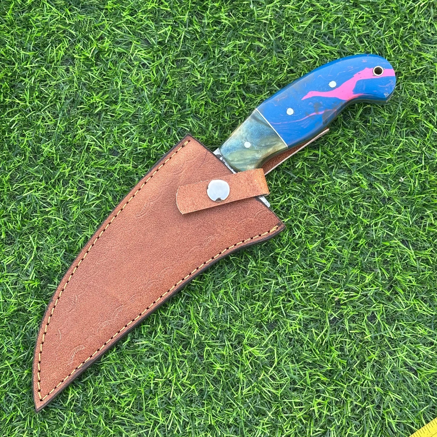 Hunting Knife Handmade J2 Steel Etched Blade 11" Overall with Resin Handle & Leather Sheath for Camping Outdoor Collectors