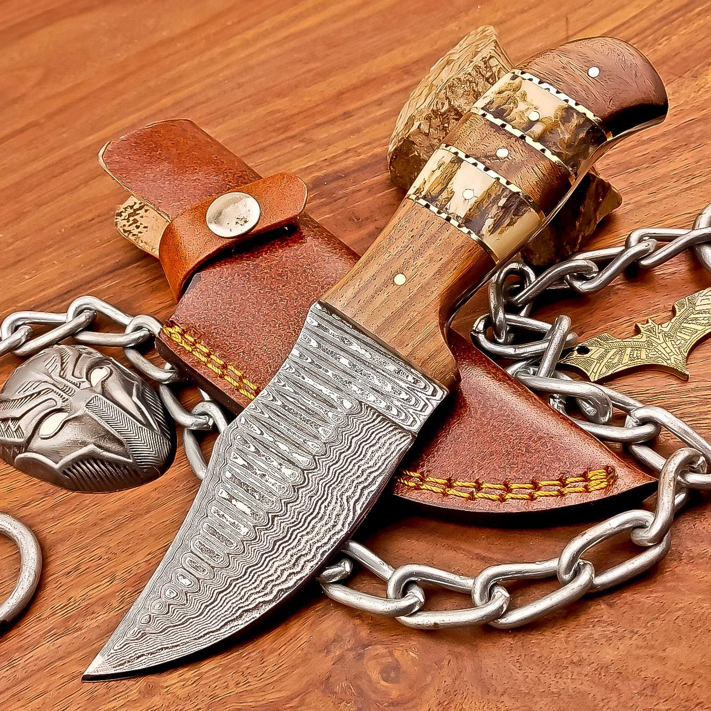 Handmade Damascus Steel Blade Hunting Knife - 8.5" Overall, Custom Skinning Knife, Leather Sheath Included