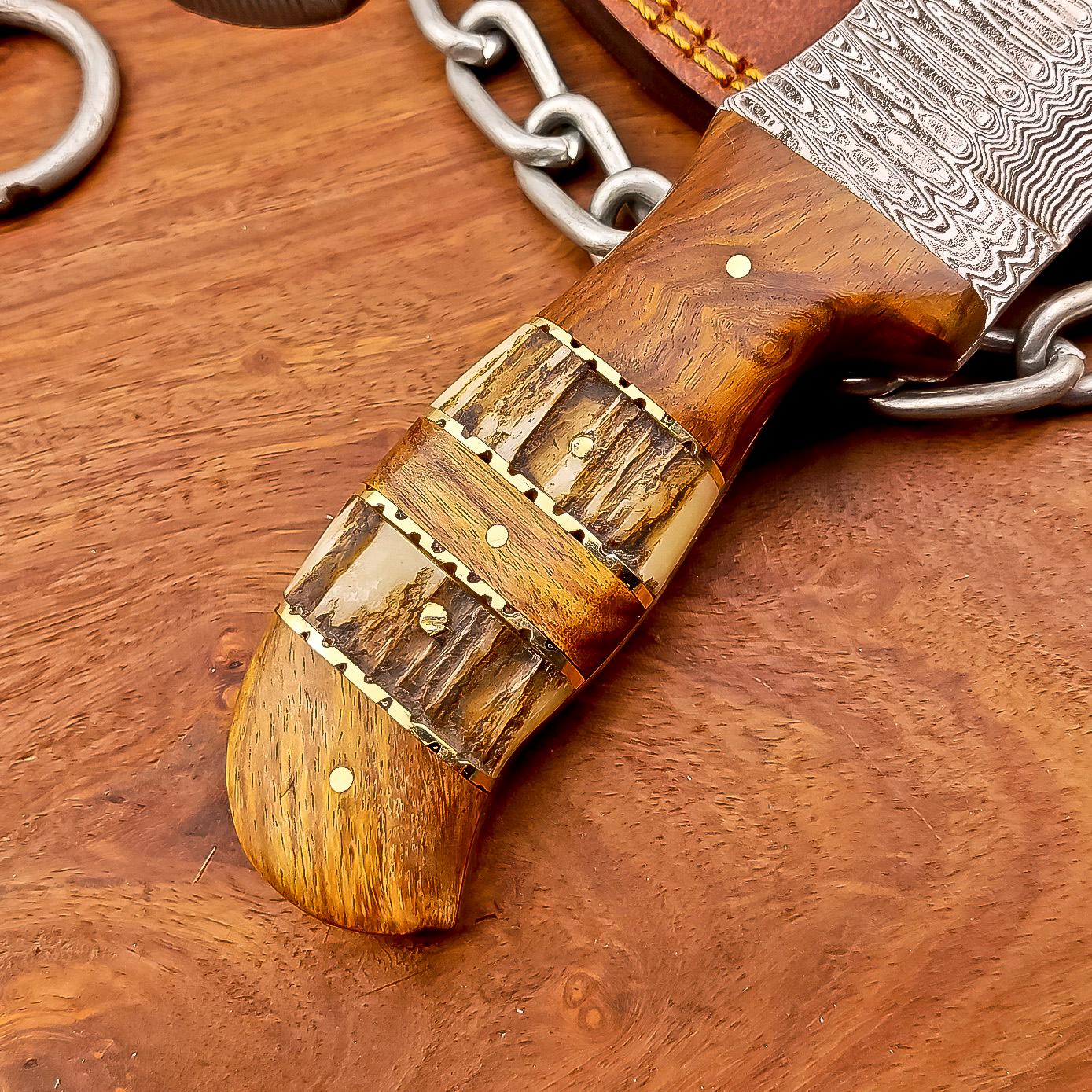 Handmade Damascus Steel Blade Hunting Knife - 8.5" Overall, Custom Skinning Knife, Leather Sheath Included
