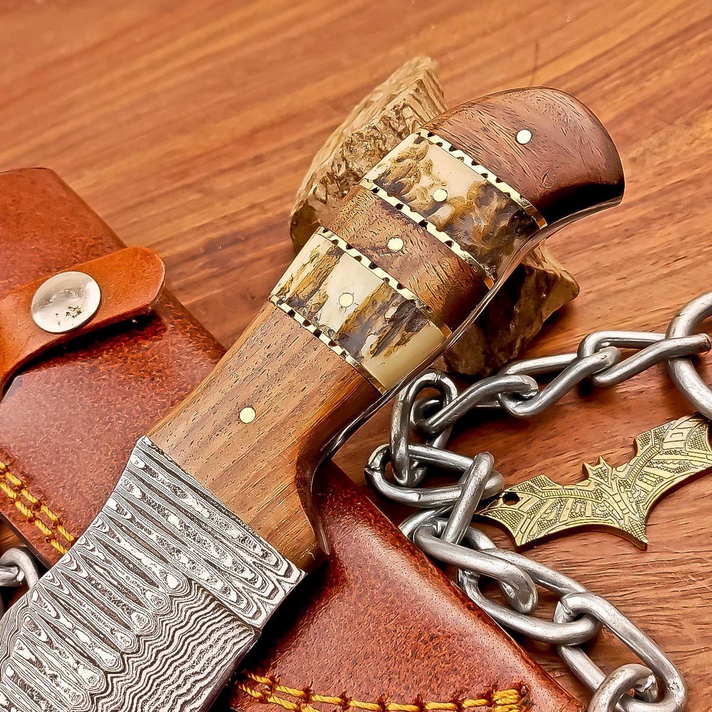 Handmade Damascus Steel Blade Hunting Knife - 8.5" Overall, Custom Skinning Knife, Leather Sheath Included