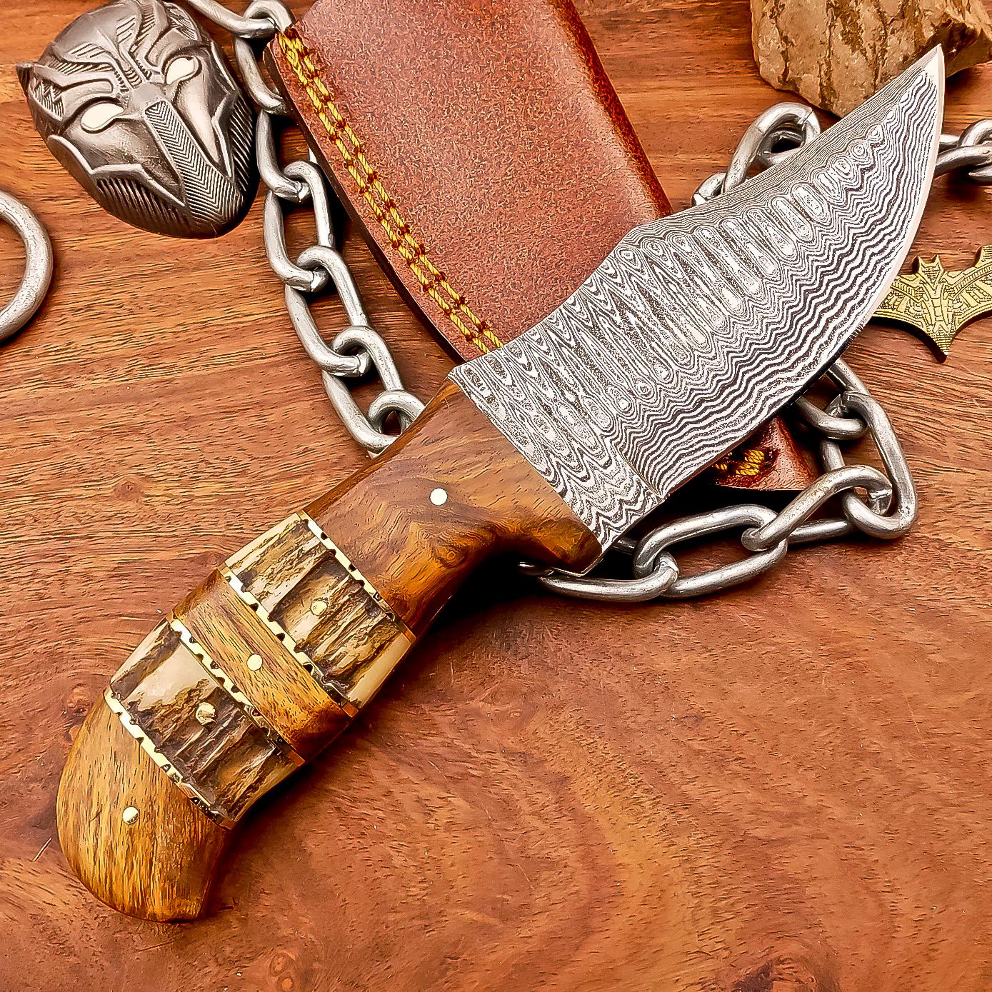 Handmade Damascus Steel Blade Hunting Knife - 8.5" Overall, Custom Skinning Knife, Leather Sheath Included