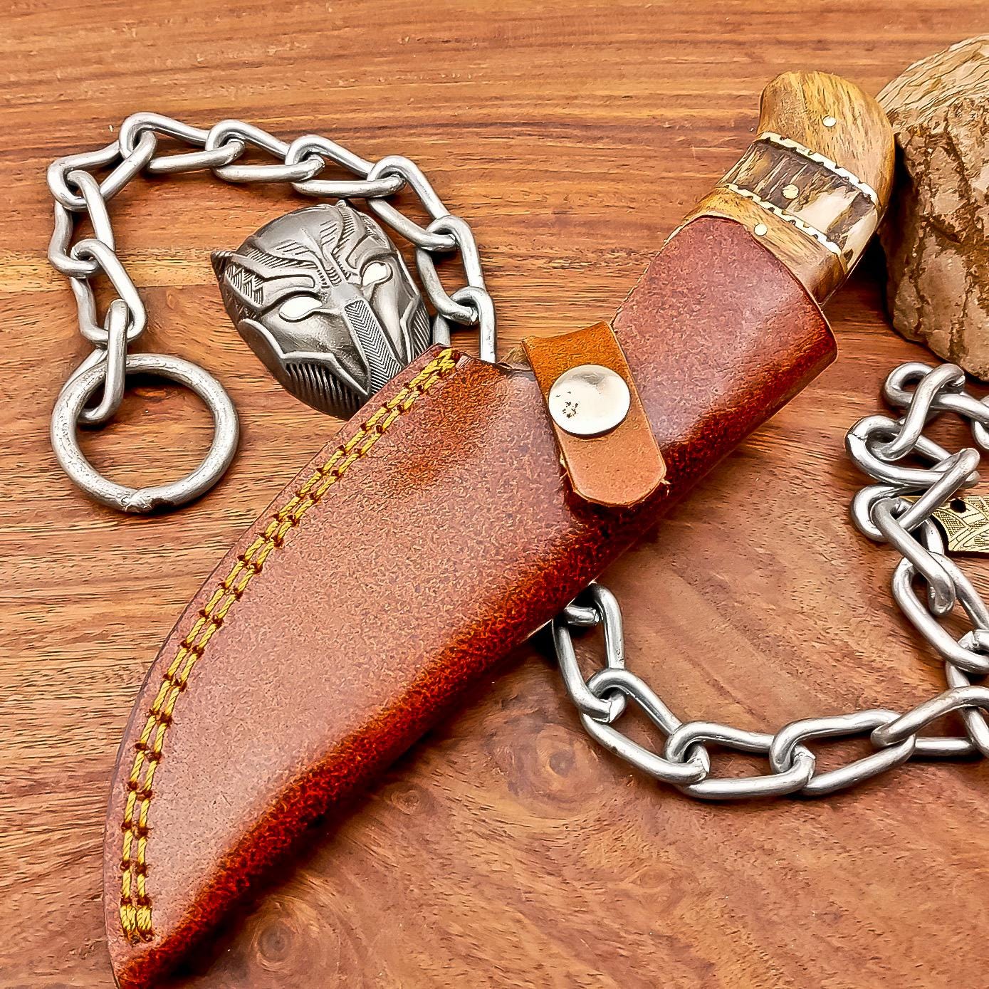 Handmade Damascus Steel Blade Hunting Knife - 8.5" Overall, Custom Skinning Knife, Leather Sheath Included