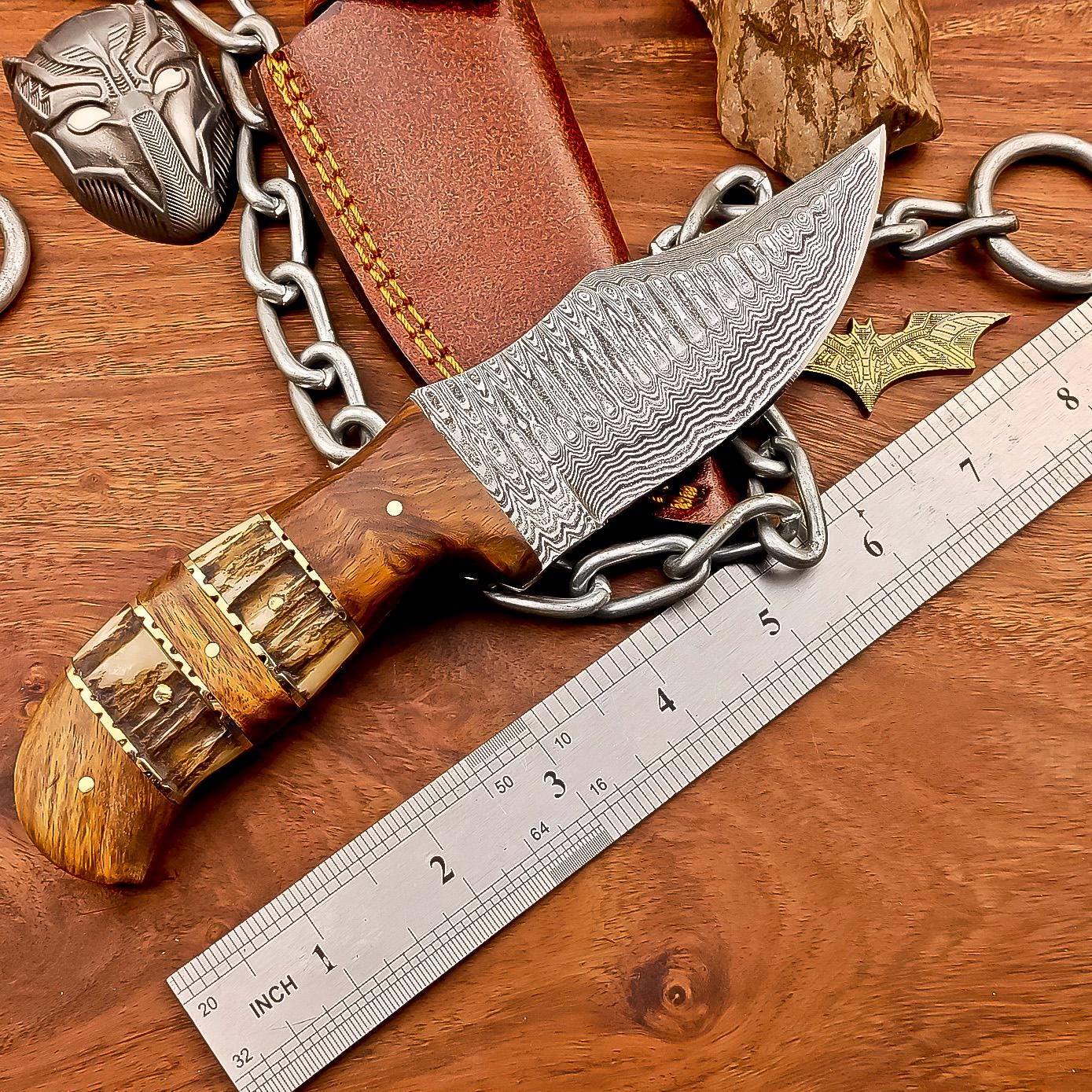Handmade Damascus Steel Blade Hunting Knife - 8.5" Overall, Custom Skinning Knife, Leather Sheath Included