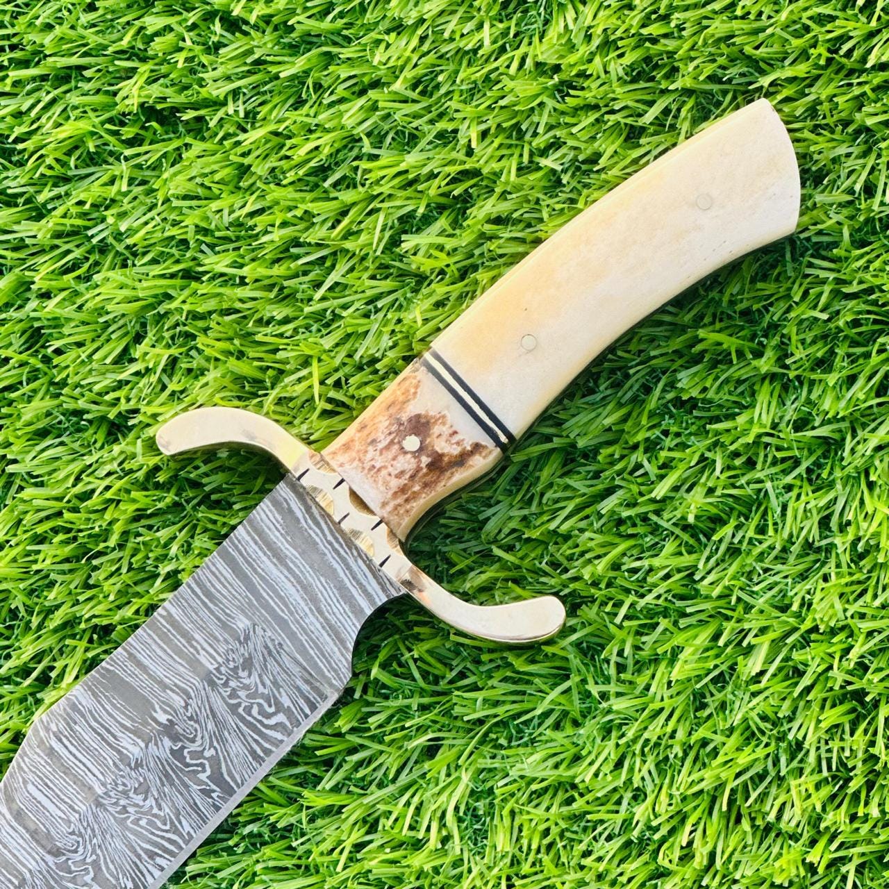 Damascus Bowie Knife 12" Handcrafted Stag Horn Handle Steel Guard – Hunting, Camping & Collector’s Blade
