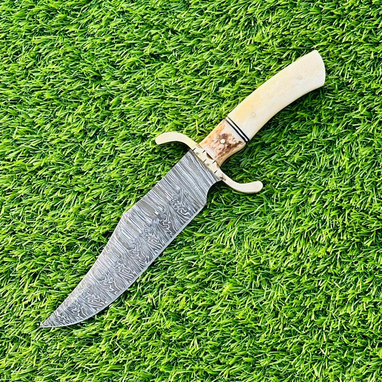 Damascus Bowie Knife 12" Handcrafted Stag Horn Handle Steel Guard – Hunting, Camping & Collector’s Blade