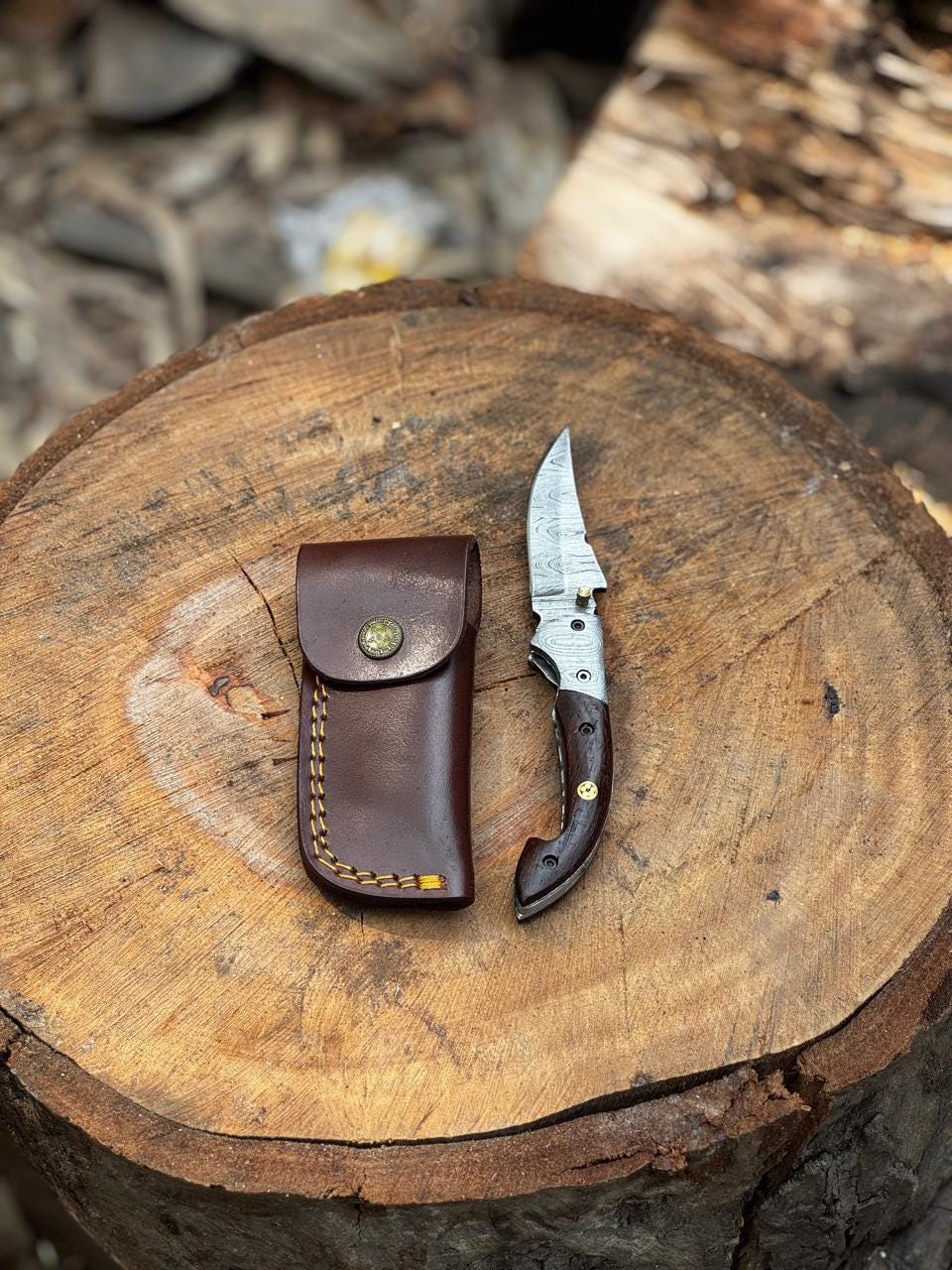 Pocket Knife 7.5" Handmade Damascus Folding Knife for Men with Liner Lock & Sheath, Gift for Him, Husband, Boyfriend