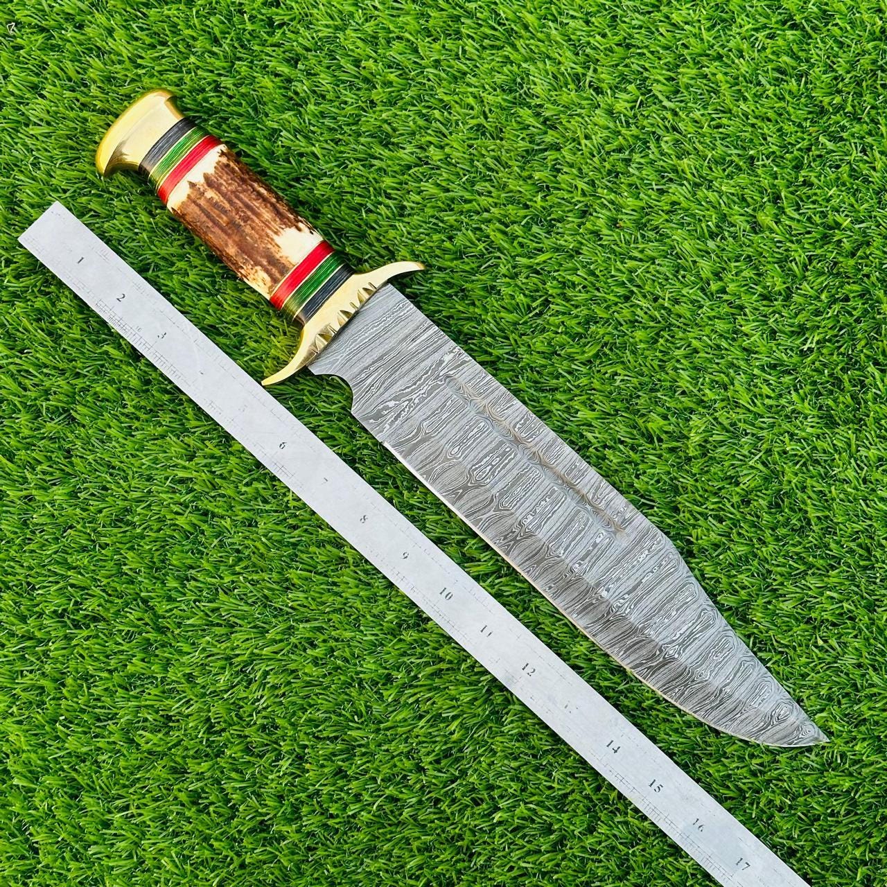 Handmade 17" Damascus Bowie Knife with Stag Horn Handle & Brass Bolsters | Hunting Collectible Gift with Sheath