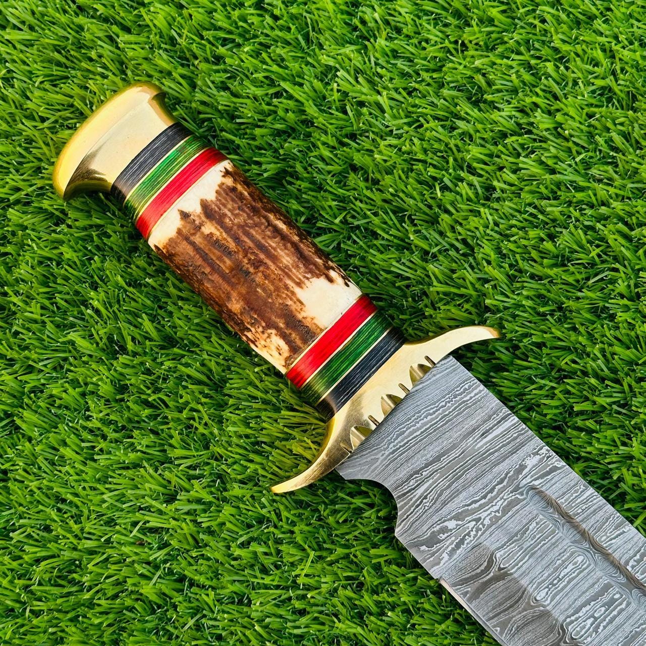 Handmade 17" Damascus Bowie Knife with Stag Horn Handle & Brass Bolsters | Hunting Collectible Gift with Sheath