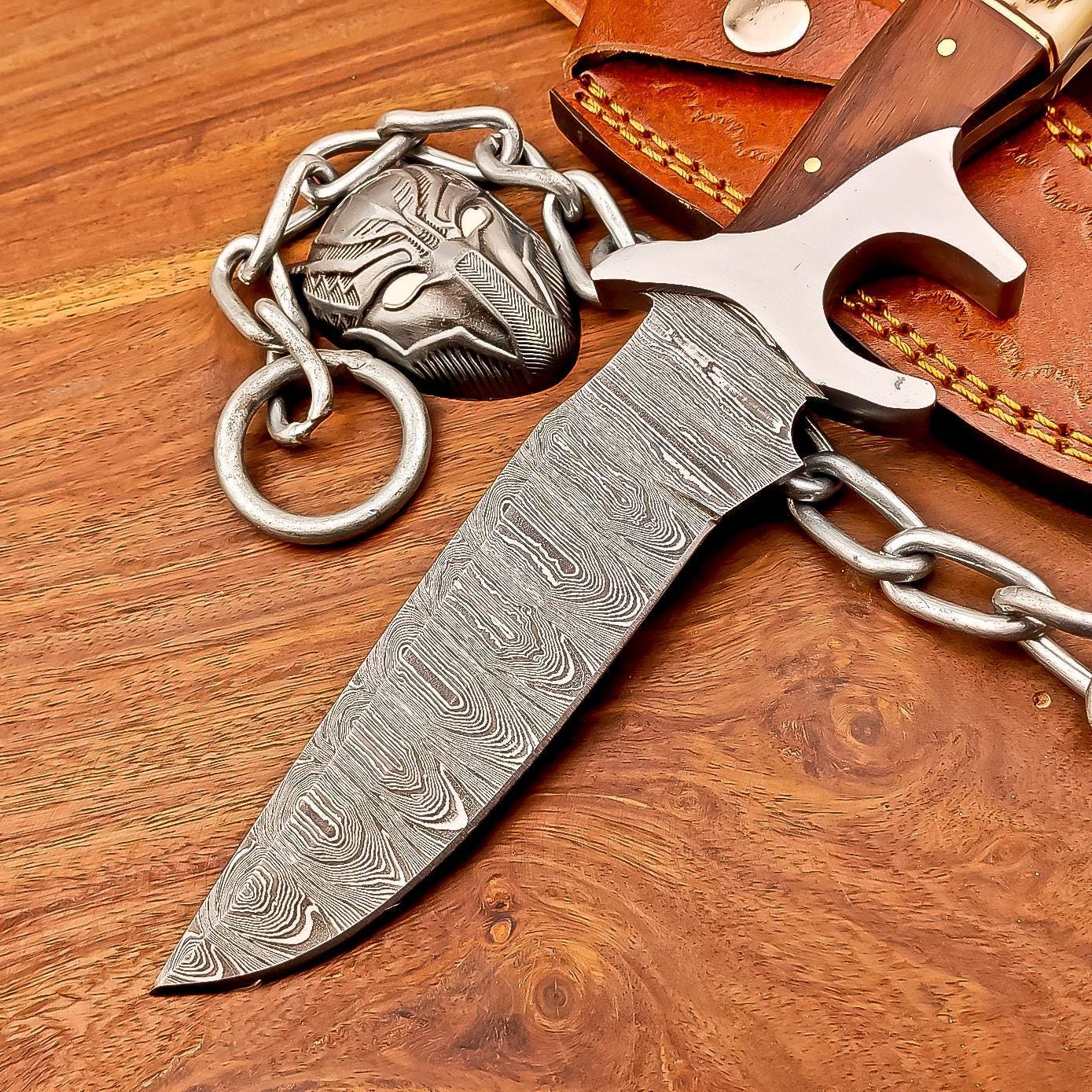 Damascus Bowie Knife 10" Handcrafted Stag Horn Handle, Steel Guard, Hunting & Camping Collectible Blade