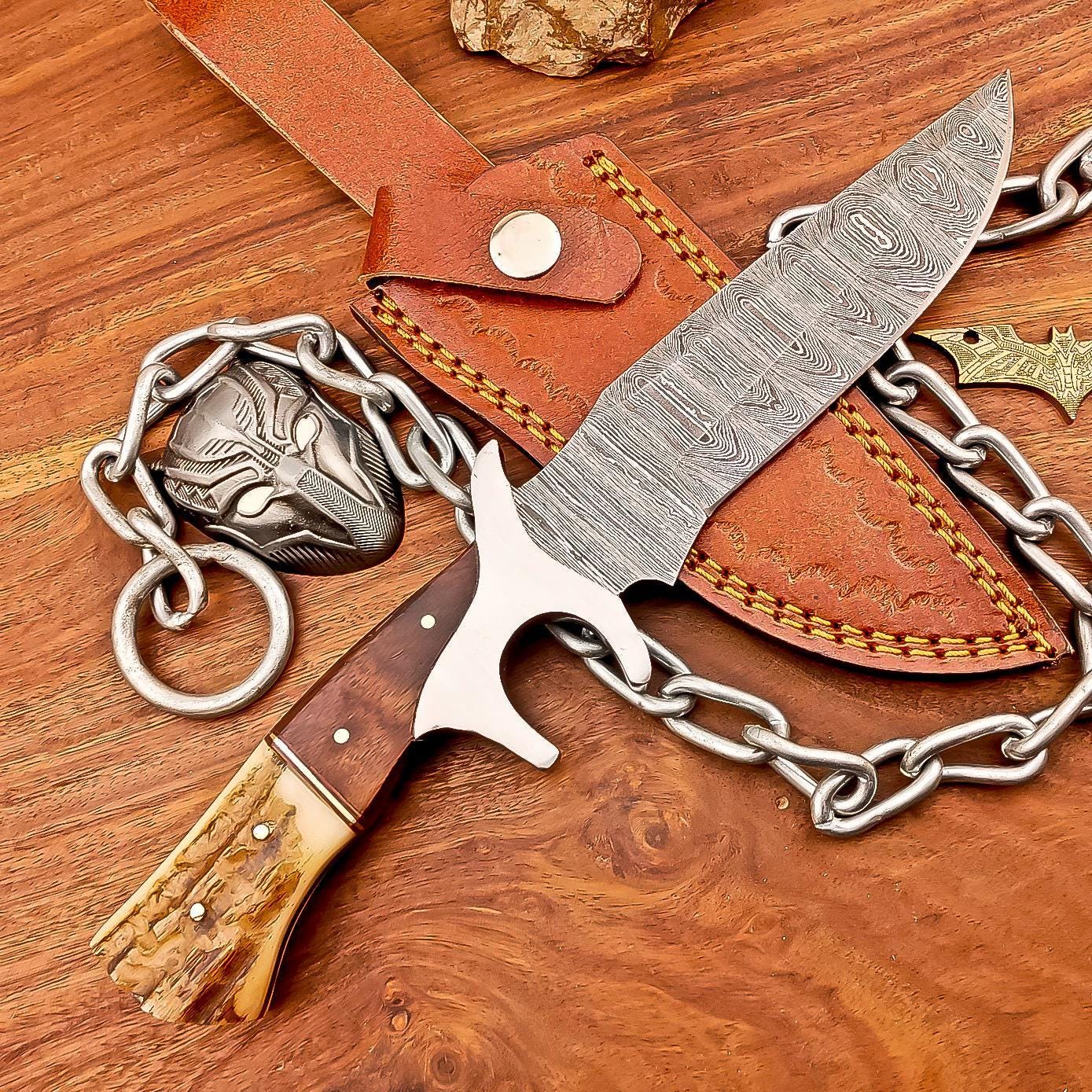 Damascus Bowie Knife 10" Handcrafted Stag Horn Handle, Steel Guard, Hunting & Camping Collectible Blade