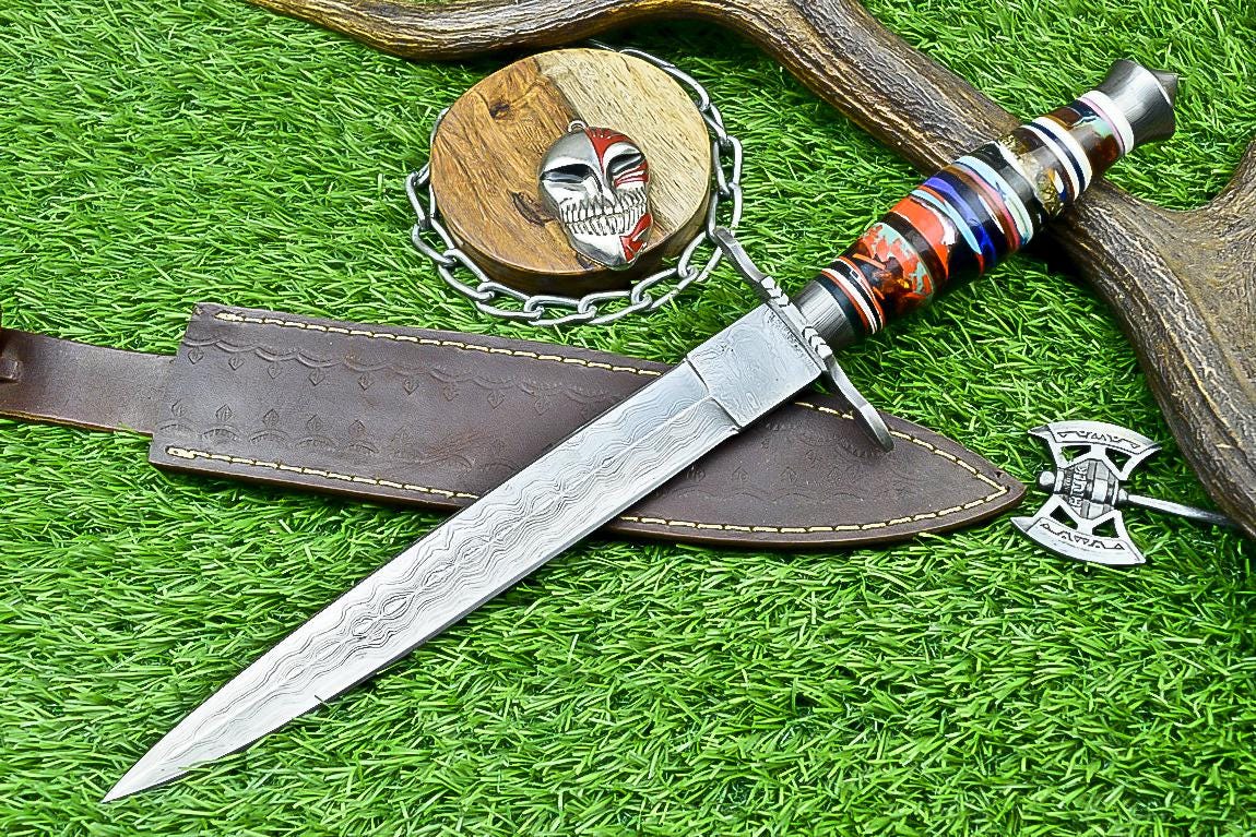 14.5" Handmade Damascus Steel Dagger Hunting Bowie Knife | Double Edge Blade, Resin Handle, Damascus Guard, Gift for Groomsmen, Wedding Gift