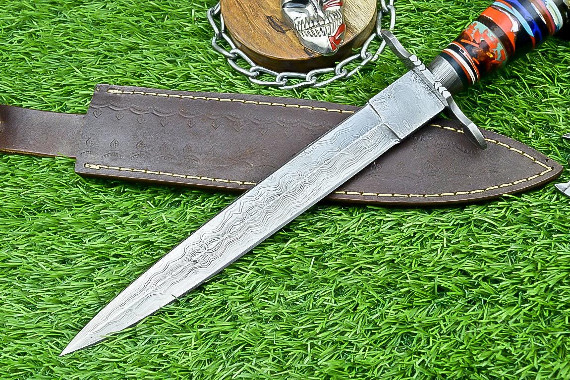 14.5" Handmade Damascus Steel Dagger Hunting Bowie Knife | Double Edge Blade, Resin Handle, Damascus Guard, Gift for Groomsmen, Wedding Gift