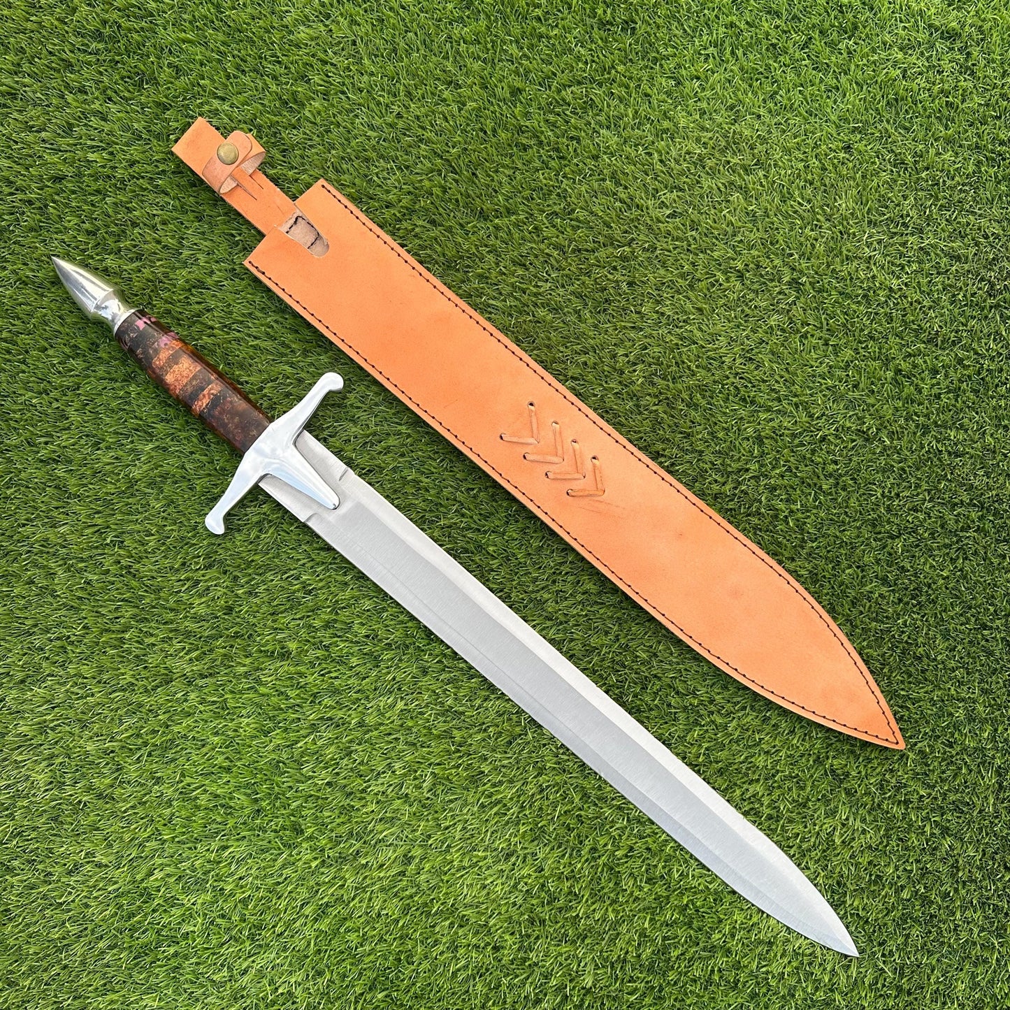 Medieval Sword Hand Forged 30" J2 Steel Blade | Resin Handle & Leather Scabbard | Tactical Collectible Gift for Him
