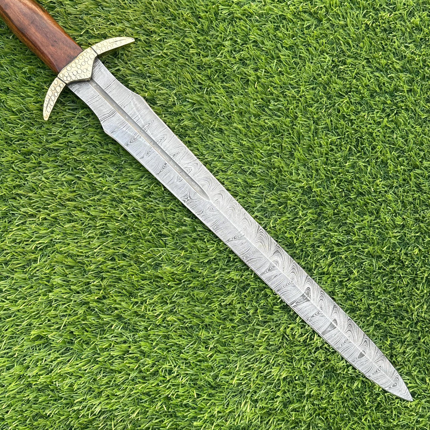 Handmade Damascus Steel Medieval Sword 22 Inch | Rosewood Handle | Brass Bolster | Leather Scabbard | Collectible Sword | Gift for Him