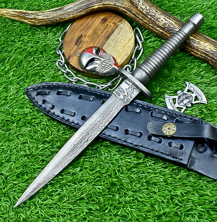 Damascus Steel Dagger Knife 12.5" Handmade Double Edge Blade with Leather Sheath - Collectible Gift for Him & Groomsmen