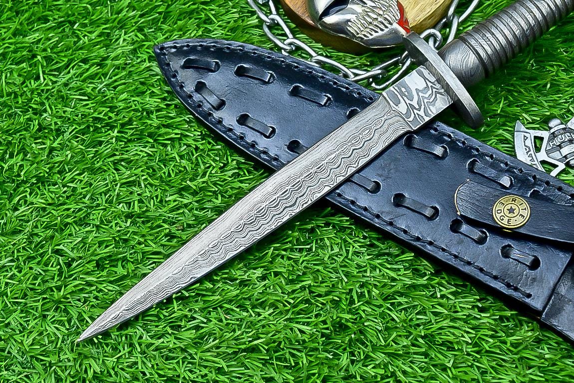 Damascus Steel Dagger Knife 12.5" Handmade Double Edge Blade with Leather Sheath - Collectible Gift for Him & Groomsmen