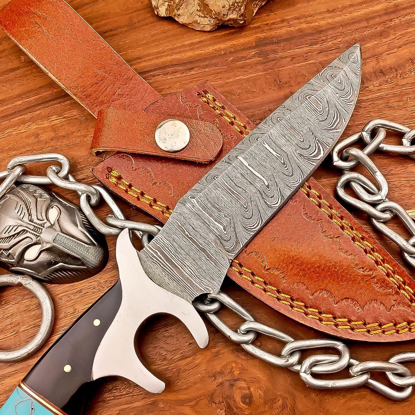 Handcrafted 10" Damascus Bowie Knife –Resin, Damascus Steel Blade & Steel Guard – Premium Quality for Hunting, Camping, Collectors