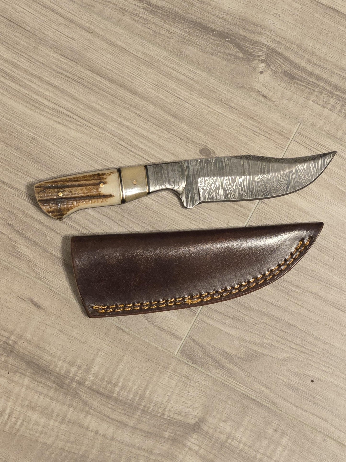 Custom Handmade Damascus Hunting Knife | Stag Horn Handle Damascus Bolsters with Leather Sheath, Hunting and Collectible Knife, Gift for him