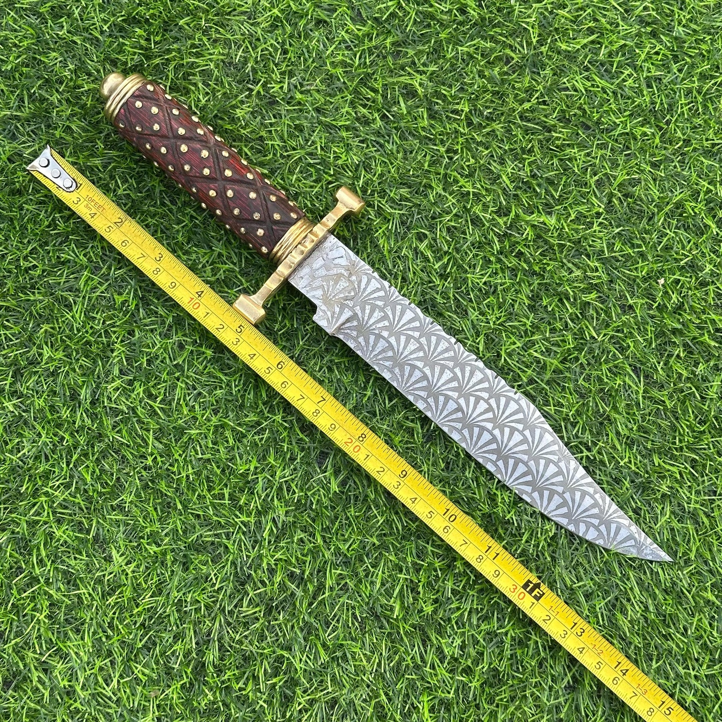 Handmade J2 Steel Bowie Knife with Etched Blade & Wood Handle, Custom Hunting Knife with Sheath Gift for Him, Unique Collectible Blade