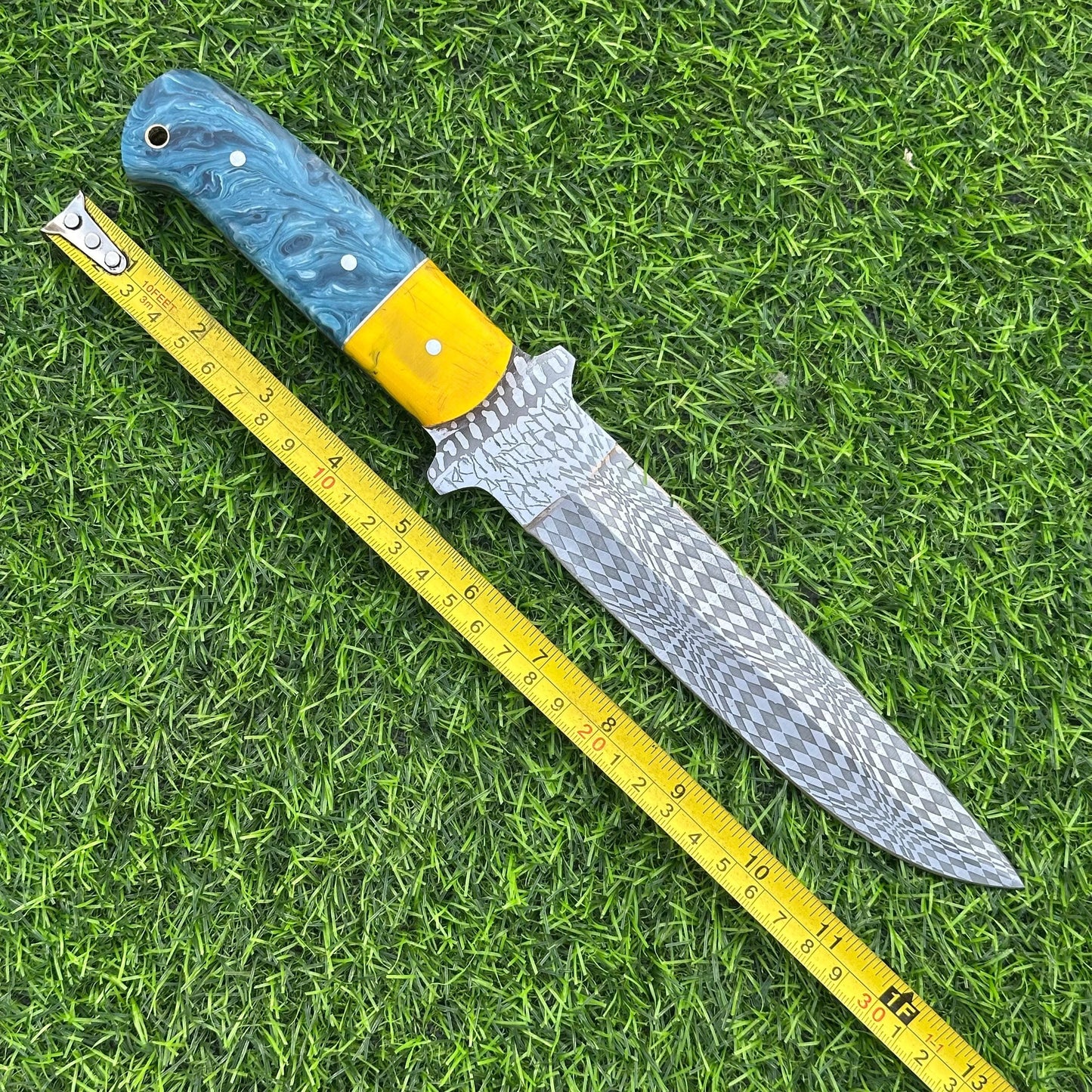 12" Handmade J2 Steel Etched Blade Bowie Hunting Knife – Resin Handle, Leather Sheath, Perfect for Hunting, Camping, Outdoor & Collectors