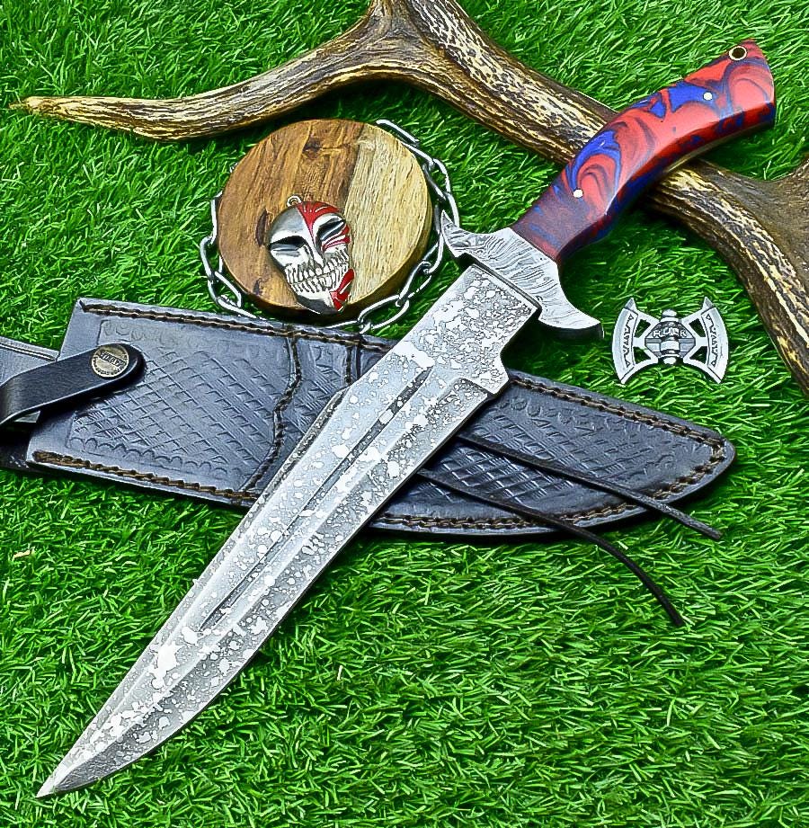 Handmade J2 Steel Bowie Knife 15" | Resin | Damascus Guard | Etched Blade, Full Tang Knife, Collectible Bowie, Husband Anniversary Present