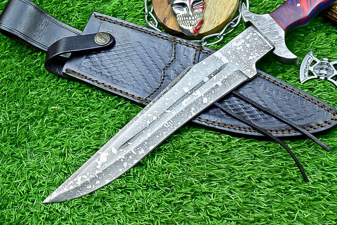 Handmade J2 Steel Bowie Knife 15" | Resin | Damascus Guard | Etched Blade, Full Tang Knife, Collectible Bowie, Husband Anniversary Present