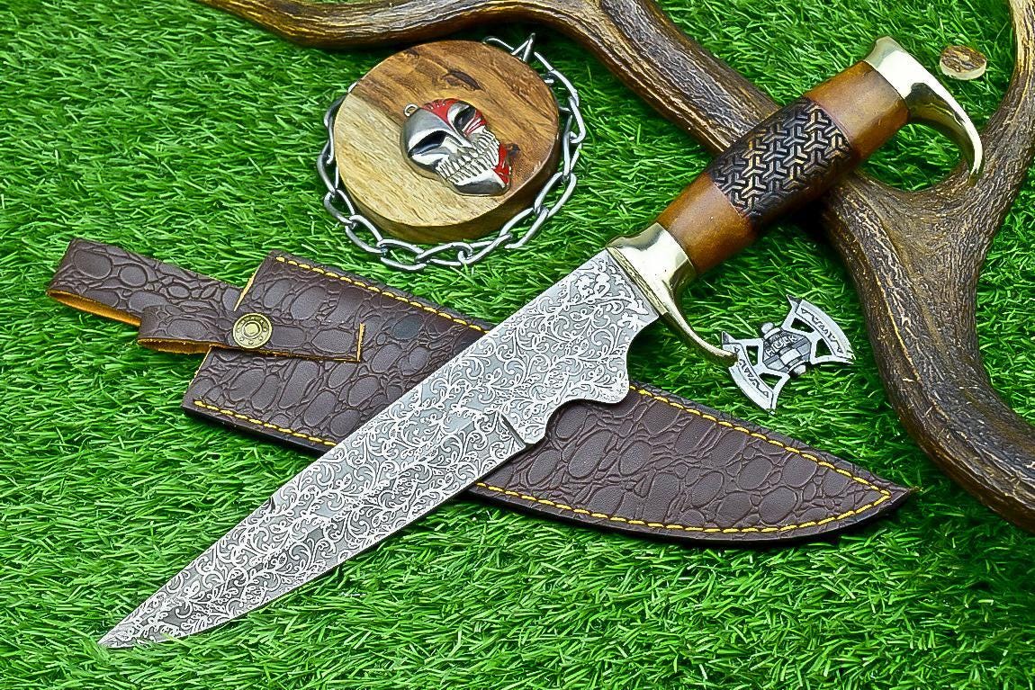 Handmade J2 Steel Bowie Knife with Resin & Natural Wood Handle, Brass Guard, Rat Tail Tang – Collectible Gift for Him