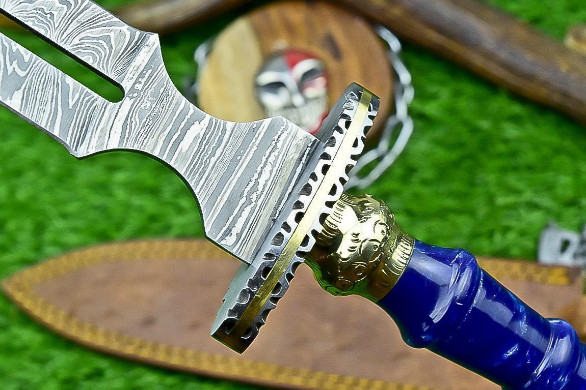 Damascus Steel Handmade 15" Hunting Bowie Dagger Knife with Resin Handle & Brass Bolster – Double Edge Blade Gift for Groomsmen Weddings