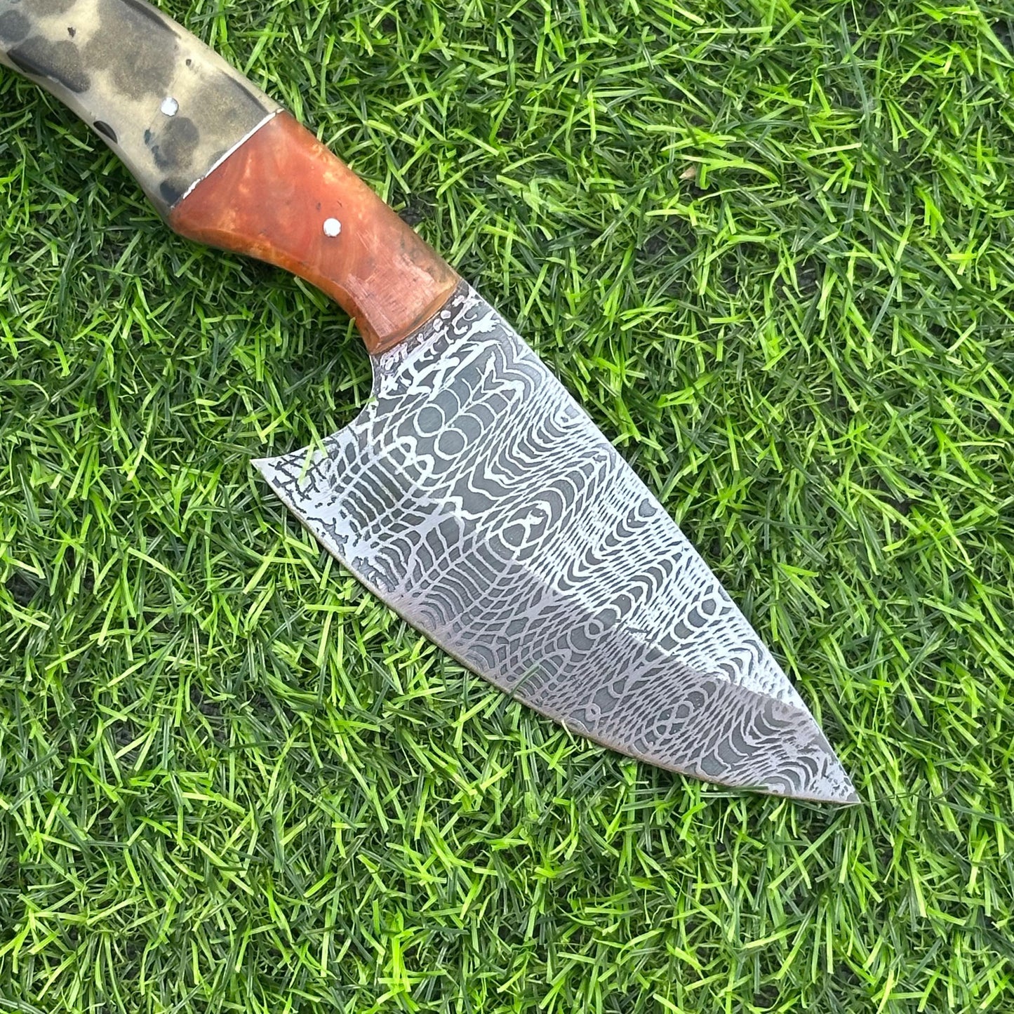 Hunting Knife Handmade J2 Steel Etched Blade 9" Overall with Resin Handle & Leather Sheath for Camping Outdoor Collectors