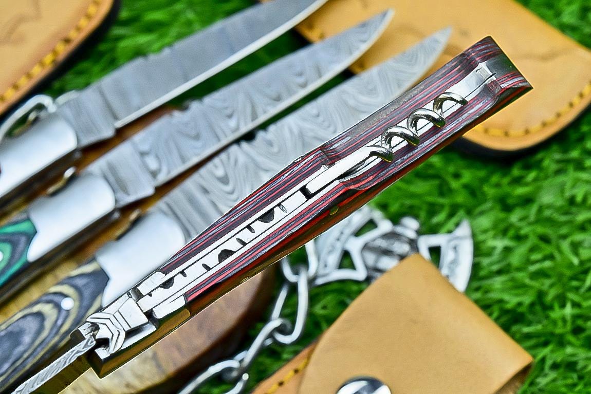 Handmade Damascus Pocket Knives Lot of 4 | 8.5" EDC Folding Knives with Pakka Wood Handles | Slip Joint Blades | Gift for Him