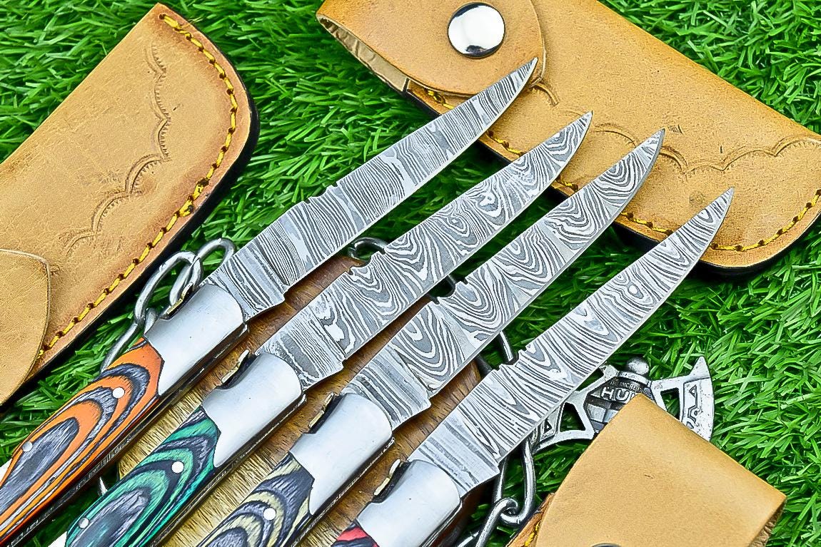 Handmade Damascus Pocket Knives Lot of 4 | 8.5" EDC Folding Knives with Pakka Wood Handles | Slip Joint Blades | Gift for Him