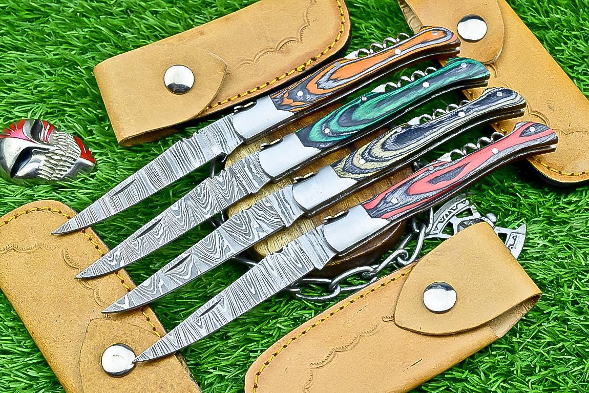 Handmade Damascus Pocket Knives Lot of 4 | 8.5" EDC Folding Knives with Pakka Wood Handles | Slip Joint Blades | Gift for Him