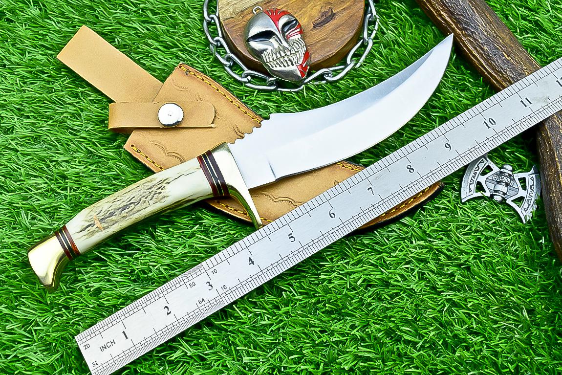 Handmade Hunting Knife 11" | J2 Steel Blade | Stag Antler Handle with Brass Bolster | Fixed Blade Knife | Gift for Him