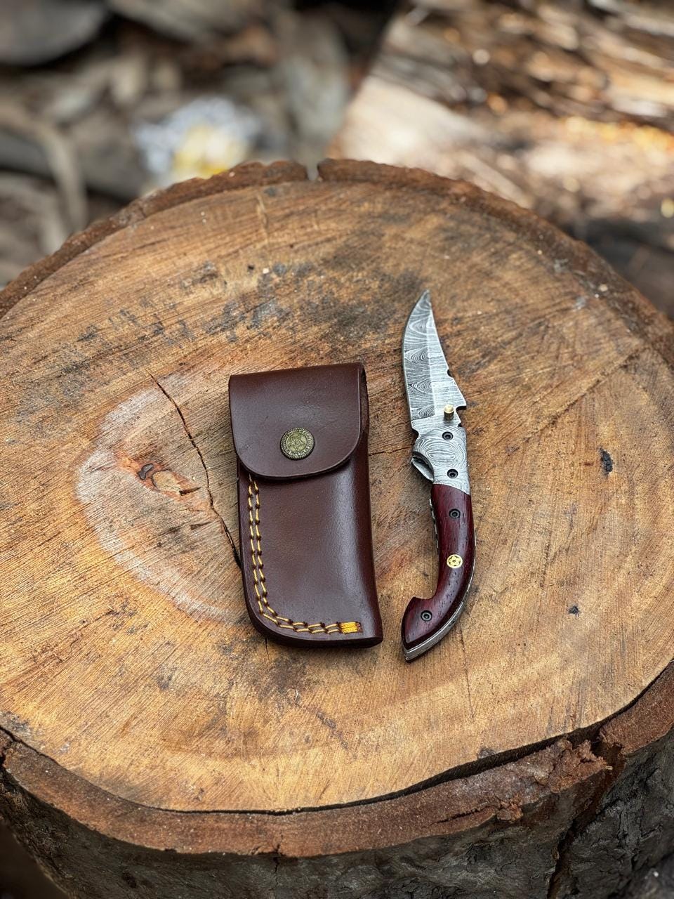 Pocket Knife 7.5" Handmade Damascus Folding Knife for Men with Liner Lock & Sheath, Gift for Him, Husband, Boyfriend