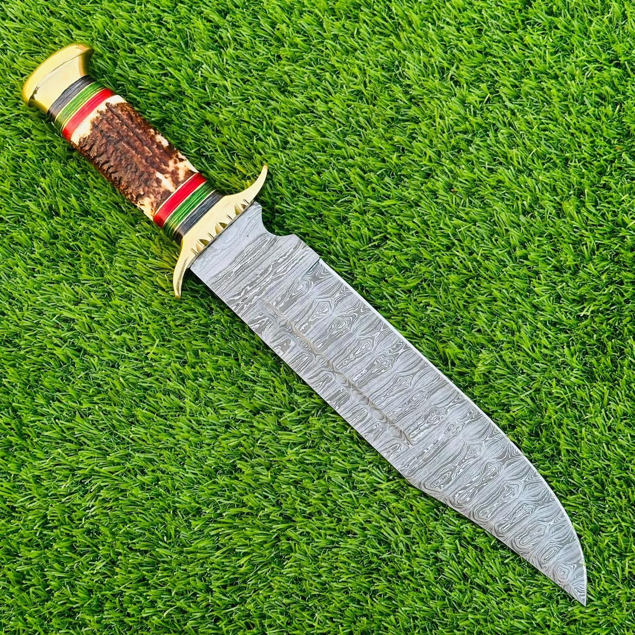 Handmade 17" Damascus Bowie Knife with Stag Horn Handle & Brass Bolsters | Hunting Collectible Gift with Sheath